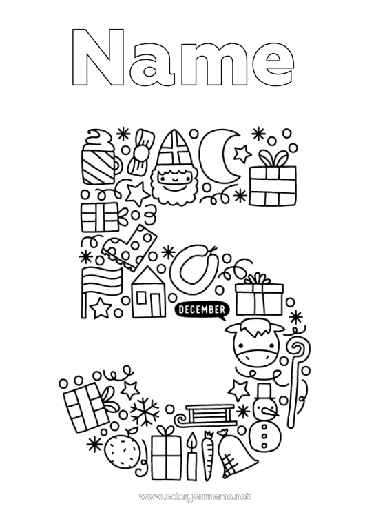 Coloring page to print Gifts Number Farm animals Donkey Saint Nicholas Five