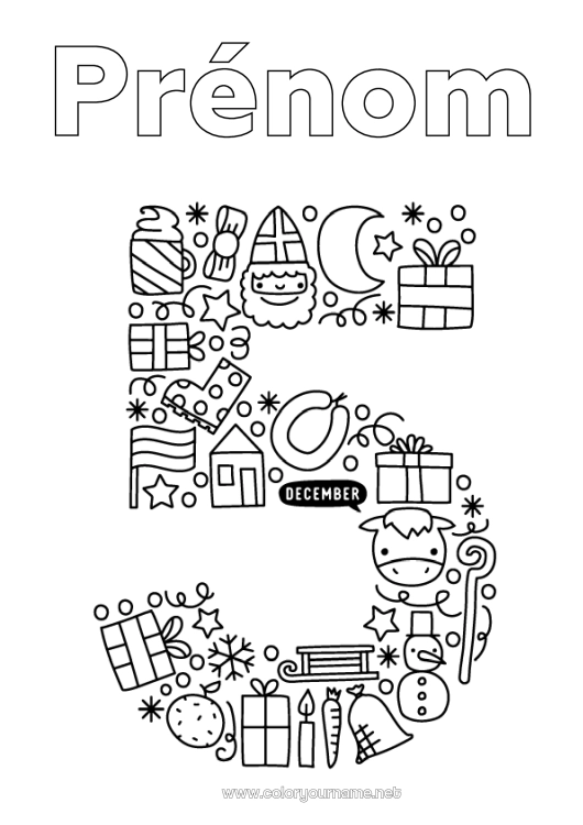 Coloriage à imprimer Cadeaux Chiffre Animaux de la ferme âne Saint Nicolas Cinq