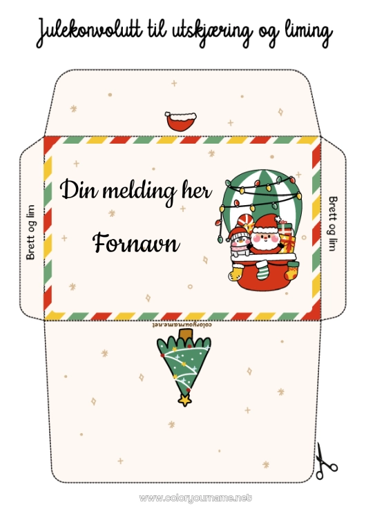 Fargeleggingssiden til utskrift Juletre Julenissen Jul Luftballong Konvolutt Luftfartøy Utskriftsvennlig konvolutt
