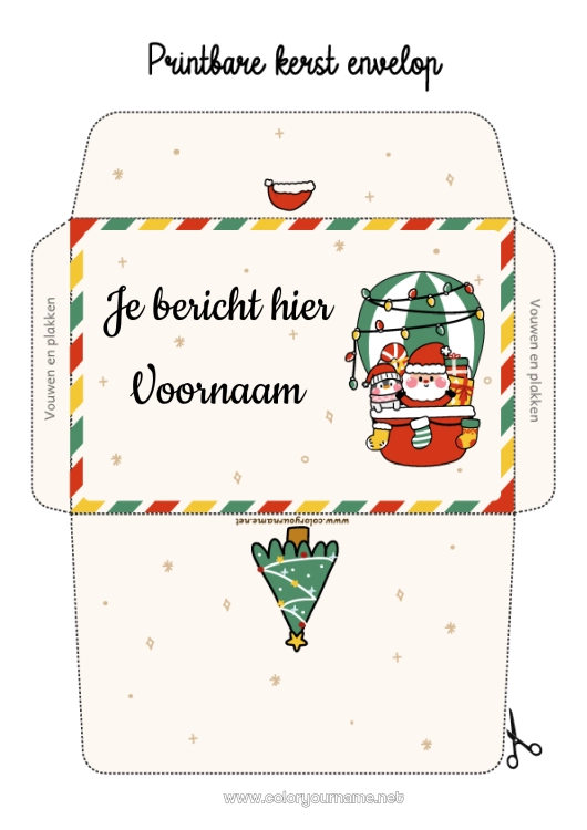 Kleurplaat om af te drukken Kerstboom Kerstman Kerstmis Luchtballon Envelop Luchtvaartuigen Afdrukbare enveloppen