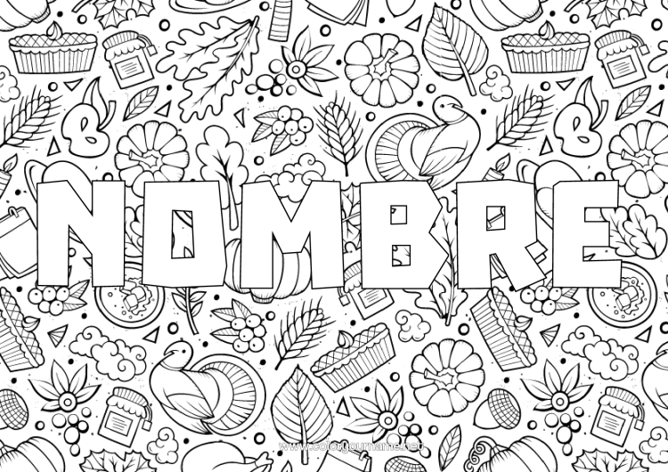 Dibujo para colorear para imprimir Thanksgiving Otoño Tarta Fondo decorativo Pavo de Acción de Gracias