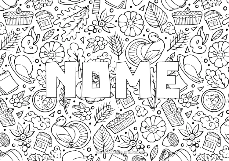 Pagina da colorare da stampare Thanksgiving Autunno Crostata Sfondo decorativo Tacchino del Ringraziamento