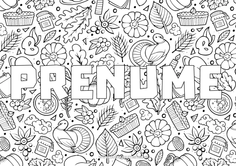 Pagină de colorat de imprimat Ziua Recunoștinței Toamnă Plăcintă Fundal decorativ Curcan de Ziua Recunoștinței