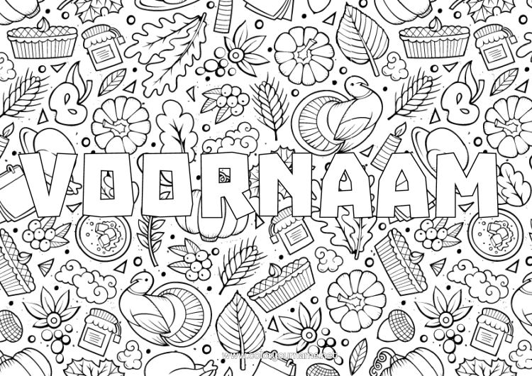 Kleurplaat om af te drukken Dankzegging Herfst Taart Decoratieve achtergrond Thanksgiving-kalkoen