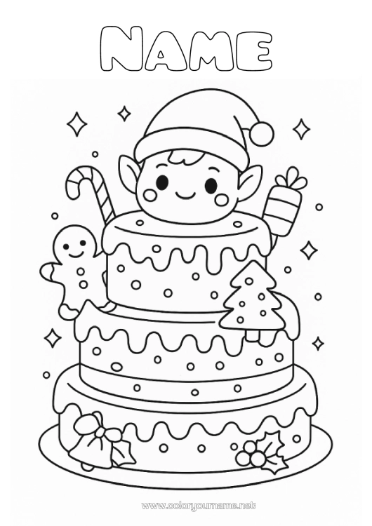 Colouring page to print Cake Christmas Elves Elf Colouring Pages Head Birthday Cake