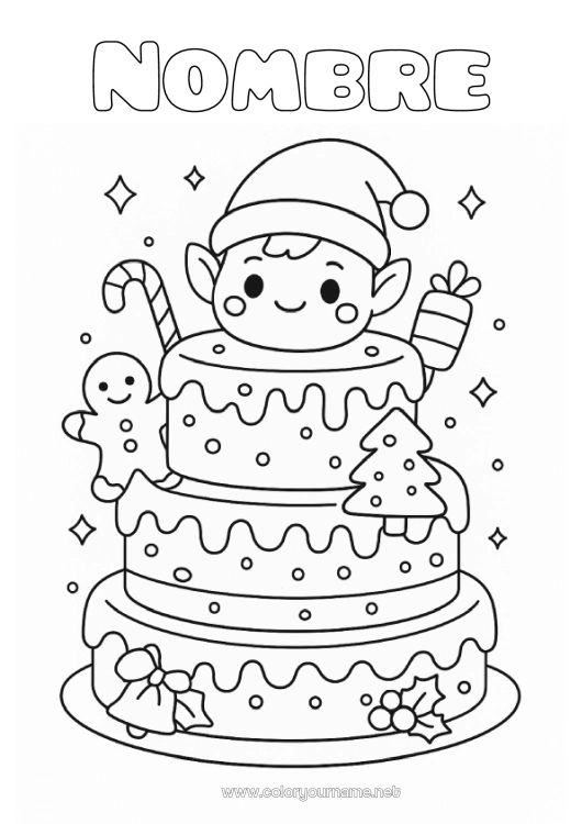 Dibujo para colorear para imprimir Tarta Elfos de navidad Dibujos de Elfos para colorear Cabeza Pastel de cumpleaños