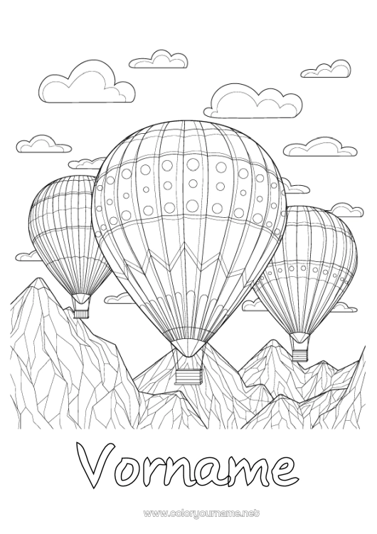 Malvorlage zum Ausdrucken Fahrzeuge Heißluftballon Komplexe Ausmalbilder Flugzeuge