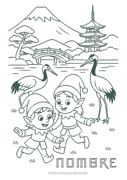 Dibujo para colorear para imprimir Elfos de navidad Dibujos de Elfos para colorear Japón Viaje del duende navideño Varios duendes traviesos 🇪🇸 Duendes de Navidad Viajeros