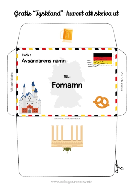 Färgläggningssida att skriva ut Kuvert Utskriftskuvert Julälvens resa Tyskland Kuvert för tomtens post