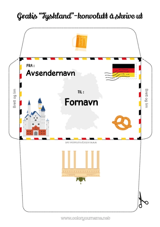 Fargeleggingssiden til utskrift Konvolutt Utskriftsvennlig konvolutt Julealvens reise Tyskland Konvolutt for nissepost