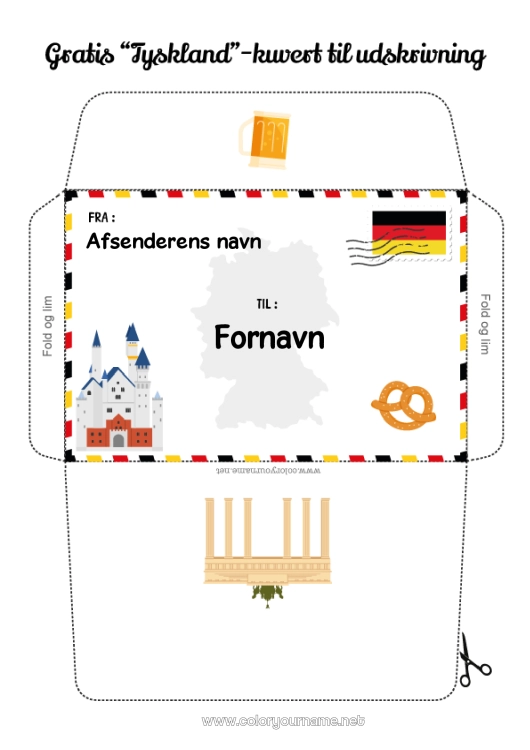 Farvelægningssiden til udskrivning Kuvert Trykt kuvert Julefejls rejse Tyskland Julemandens nissepostkuvert