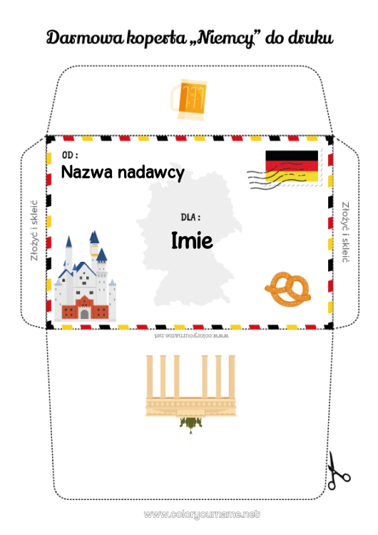 Kolorowanka do wydruku Koperta Koperta do druku Podróż Świątecznego Elfa Niemcy Koperta na list od Świętego Mikołaja