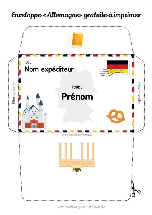Coloriage à imprimer Enveloppe Enveloppe à imprimer Voyage de lutin farceur Allemagne Enveloppe pour courrier du lutin farceur de Noël