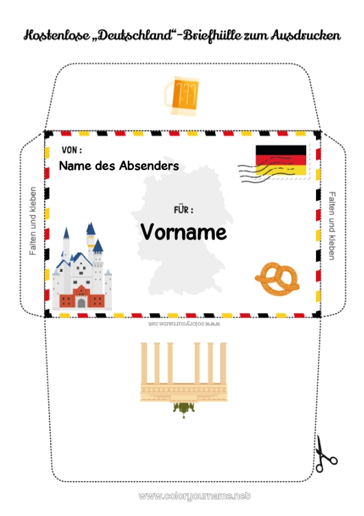 Malvorlage zum Ausdrucken Umschlag Bedruckbare Umschläge Reise des Weihnachtselfen Deutschland Umschlag für den Weihnachtswichtelbrief