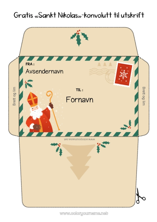 Fargeleggingssiden til utskrift Konvolutt Utskriftsvennlig konvolutt Sankt Nikolaus Julekonvolutt