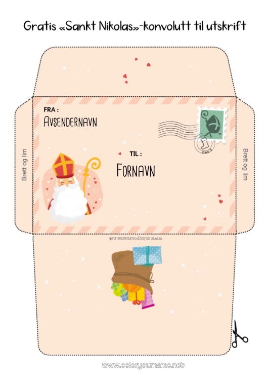 Fargeleggingssiden til utskrift Konvolutt Utskriftsvennlig konvolutt Sankt Nikolaus Julekonvolutt