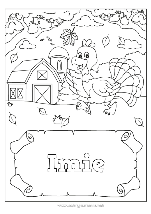 Kolorowanka do wydruku Święto Dziękczynienia Indyk Jesień Farma Zwierzęta gospodarskie Indyk na Święto Dziękczynienia Stodoła