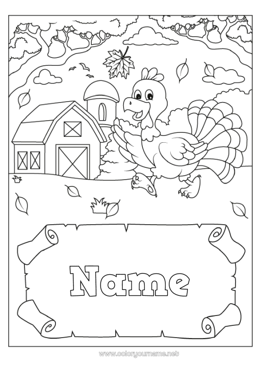 Coloring page to print Thanksgiving Turkey Autumn Farm Farm animals Thanksgiving turkey Barn