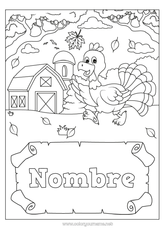 Dibujo para colorear para imprimir Thanksgiving Turquía Otoño Granja Animales de granja Pavo de Acción de Gracias Granero