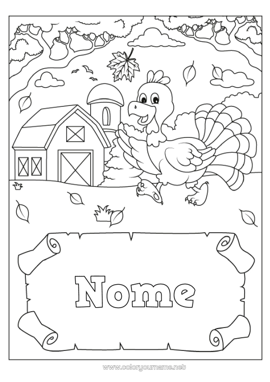 Pagina da colorare da stampare Thanksgiving Tacchino Autunno Fattoria Animali da fattoria Tacchino del Ringraziamento Fienile