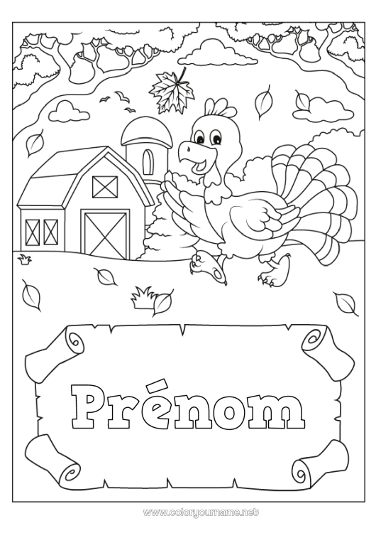 Coloriage à imprimer Thanksgiving Dindon Automne Ferme Animaux de la ferme Dinde de Thanksgiving Grange