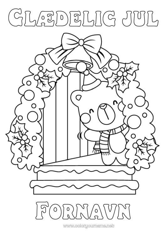 Farvelægningssiden til udskrivning Bjørn Jul Julepynt Klokke Ilex Bjørneunge Skovens dyr Sjal Julehue