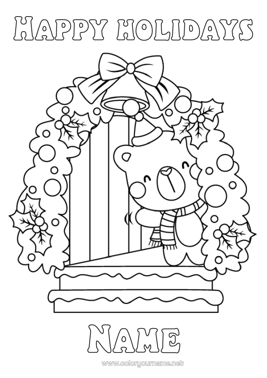 Coloring page to print Bear Christmas Christmas decorations Bell Holly Teddy Bear Forest animals Scarf Christmas hat