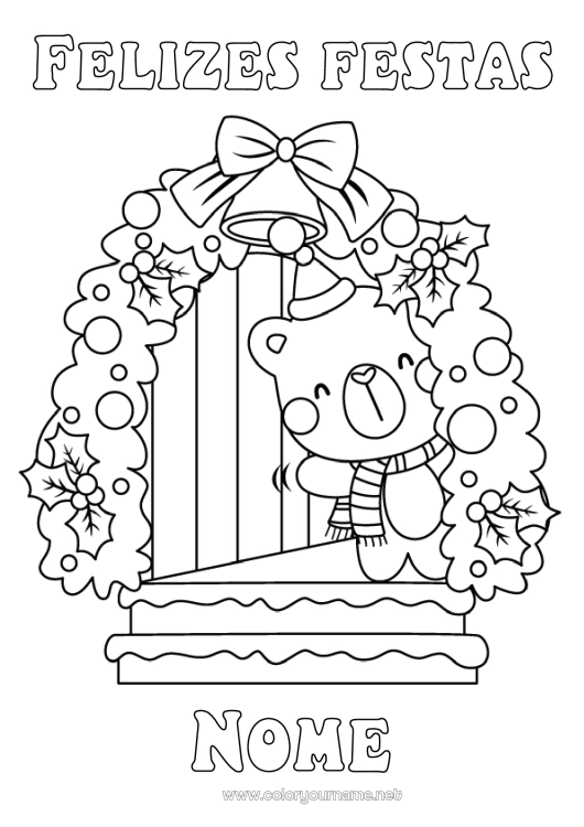 Página de desenho para imprimir Urso Natal Decorações de Natal Sino Azevinho Filhote de urso Animais da floresta Cachecol Gorro de Natal