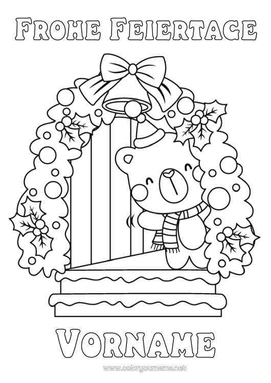 Malvorlage zum Ausdrucken Bär Weihnachten Weihnachtsdekoration Glocke Stechpalme Teddybär Waldtiere Schal Weihnachtsmütze