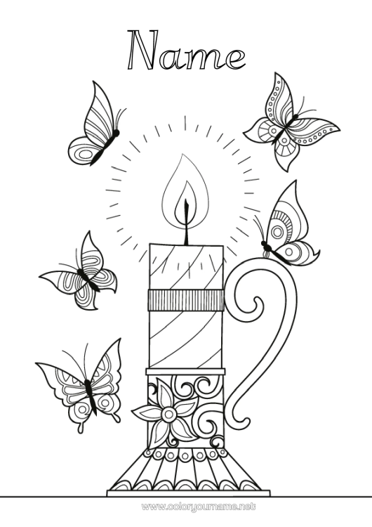 Colouring page to print Candle Butterfly Zentangle Insects