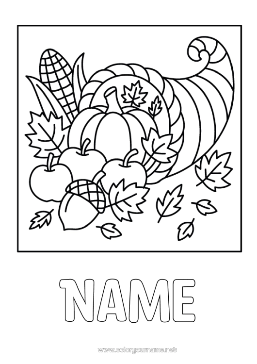 Coloring page to print Pumpkin Thanksgiving Fruits Apple Acorn Cornucopia