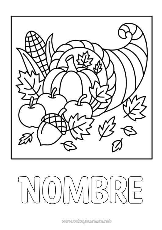 Dibujo para colorear para imprimir Calabaza Thanksgiving Frutas Manzana Bellota Cuerno de la abundancia
