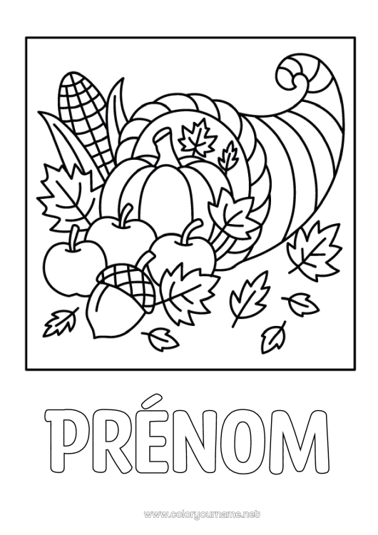Coloriage à imprimer Citrouille Thanksgiving Fruits Pomme Gland Corne d'abondance