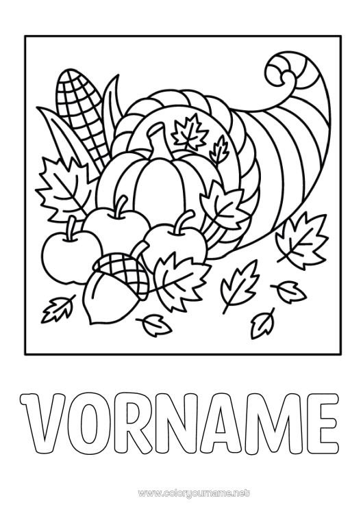 Malvorlage zum Ausdrucken Kürbis Erntedankfest Früchte Apfel Eichel Horn der Fülle