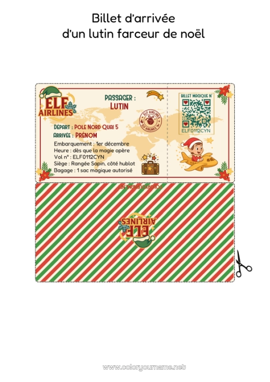 Coloriage à imprimer Lutins de Noël Lettres de lutins farceurs Ticket Lettre d'arrivée du lutin Un seul lutin farceur Papiers d’identité de Lutin Farceur
