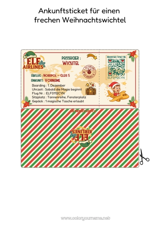 Malvorlage zum Ausdrucken Weihnachtself Elfenstreiche-Briefe Ticket Elf Ankunftsbrief Ein Einziger Schelmischer Kobold Ausweis Des Scherzelfen