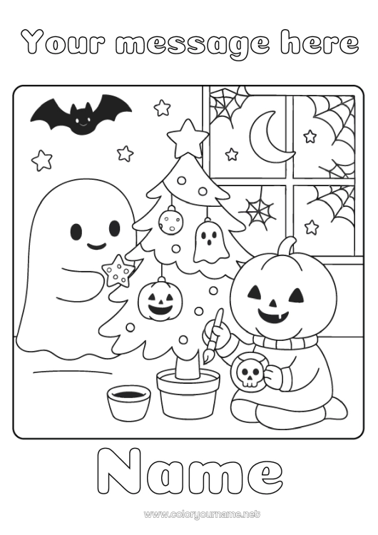 Coloring page to print Ghost Pumpkin Christmas tree Kawaii