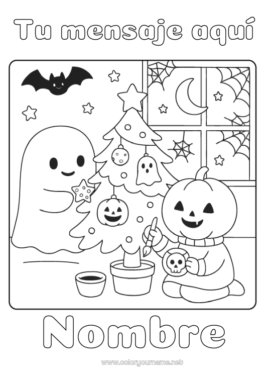 Dibujo para colorear para imprimir Fantasma Calabaza árbol de Navidad Kawaii