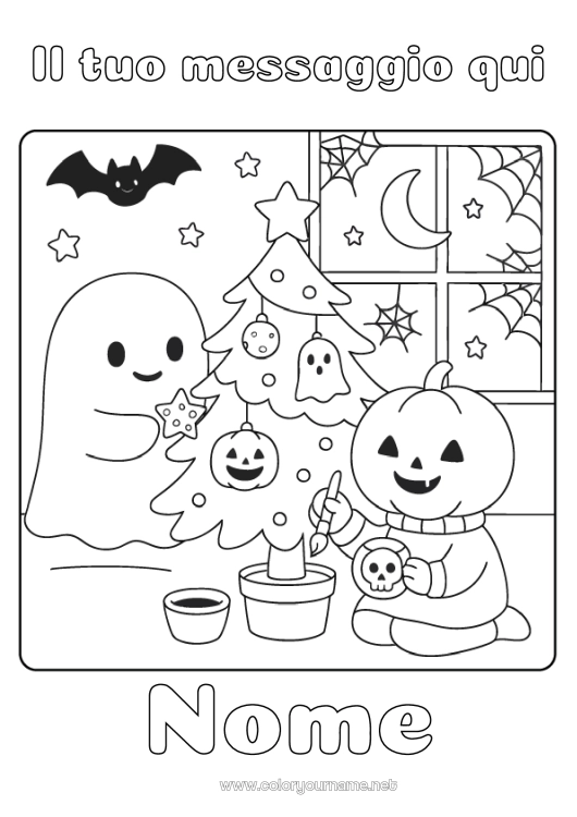 Pagina da colorare da stampare Fantasma Zucca Albero di Natale Kawaii