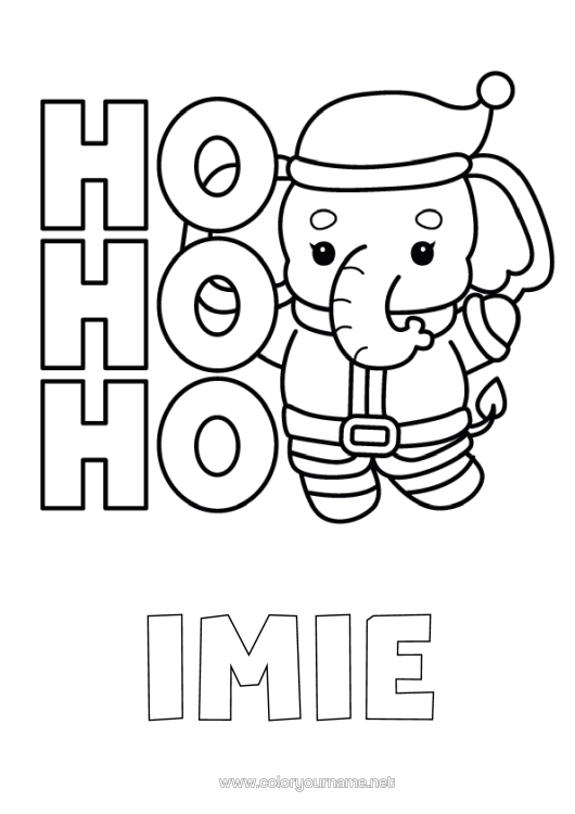 Kolorowanka do wydruku Boże Narodzenie Słoń Zwierzę Łatwe Kolorowanki Dzikie Zwierzęta Afryki Czapka Świąteczna Ho Ho Ho