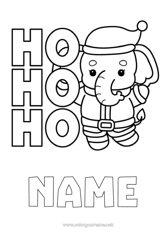 Colouring page to print Christmas Elephant Animal Easy Colouring Pages Wild Animals Of Africa Christmas Hat Ho Ho Ho