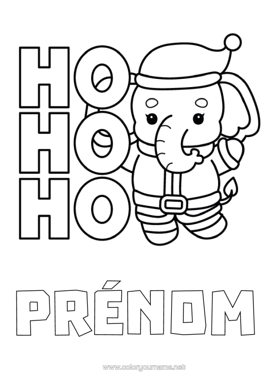 Coloriage à imprimer Noël Élephant Animal Coloriages Faciles Animaux Sauvages D'afrique Bonnet De Noël Ho Ho Ho