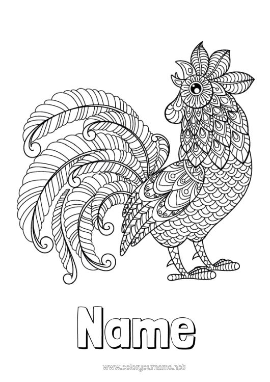 Colouring page to print Calm And Zen Mandala Animal Rooster Farm Animals