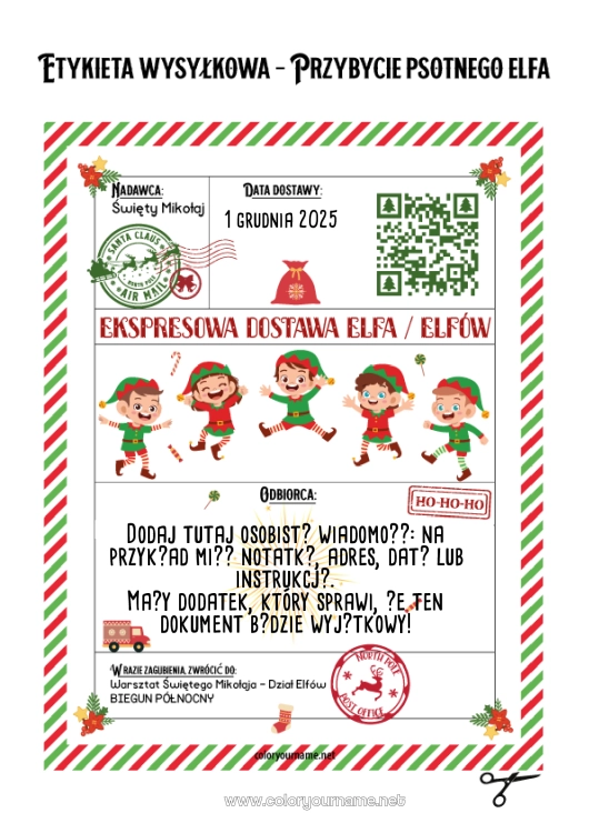 Kolorowanka do wydruku Listy Psotnych Skrzatów List Powitalny Od Skrzata Etykieta Wysyłkowa Elf
