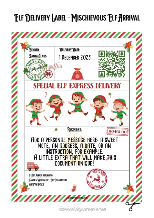 Colouring page to print Letters From Mischievous Elves Letter From The Elf Shipping Label Elf