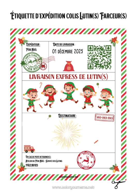 Coloriage à imprimer Lettres de lutins farceurs Lettre d'arrivée du lutin Étiquette d'expédition Lutin
