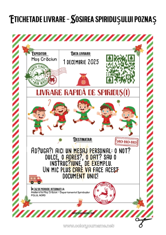 Pagină de colorat de imprimat Scrisori De Spiriduși Jucăuși Scrisoare De Sosire A Spiridușului Etichetă De Expediere Elf