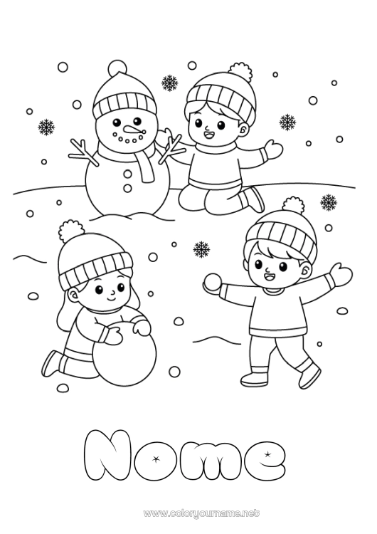 Pagina da colorare da stampare Neve Inverno Pupazzo di neve Bambino Berretto Invernale