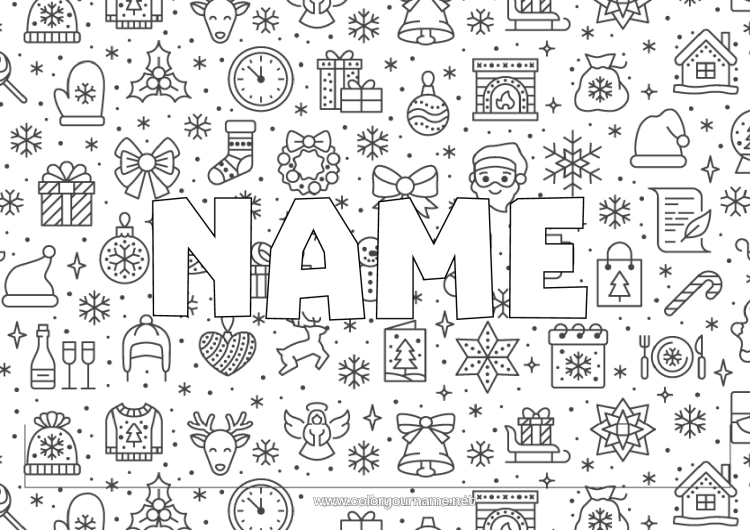 Coloring page to print Gifts Santa Claus Christmas Chimney Forest animals Fir Deer Decorative background