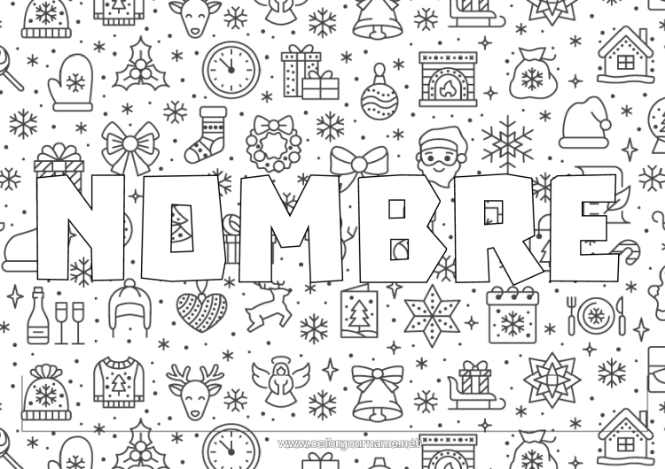 Dibujo para colorear para imprimir Regalos Papá Noel Navidad Chimenea Animales del bosque Abeto Ciervo Fondo decorativo